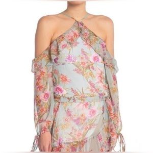 Anthropologie RAGA Morning Bloom Floral Ruffle Detail  Top In Blue Sky Size L